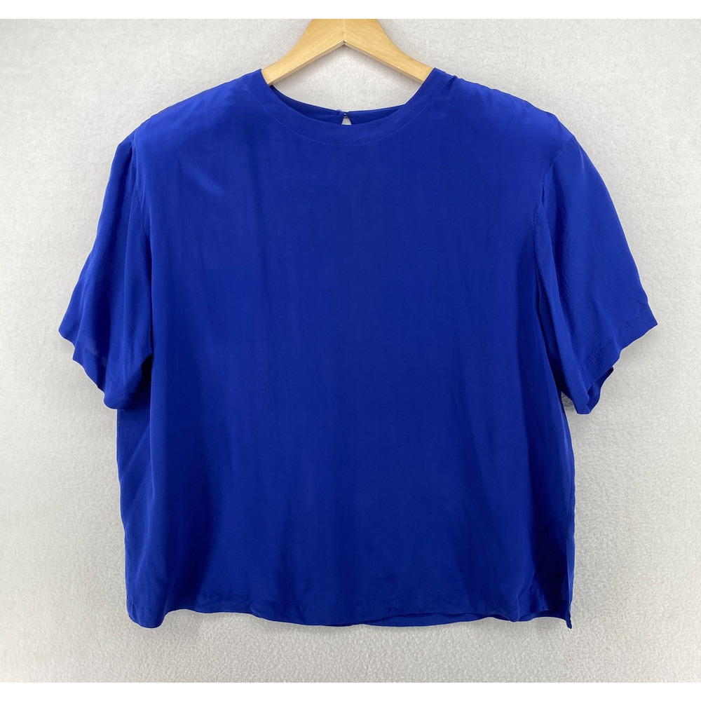 SILX Blouse Women 1X Silk Crepe de Chine Boxy Short Sleeve Shoulder Pad Blue Vtg